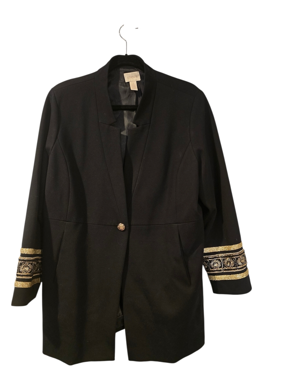 Chico's Black Embroidered Sleeve Open-Front Blazer SZ 3 Petite XLP - Picture 2 of 9
